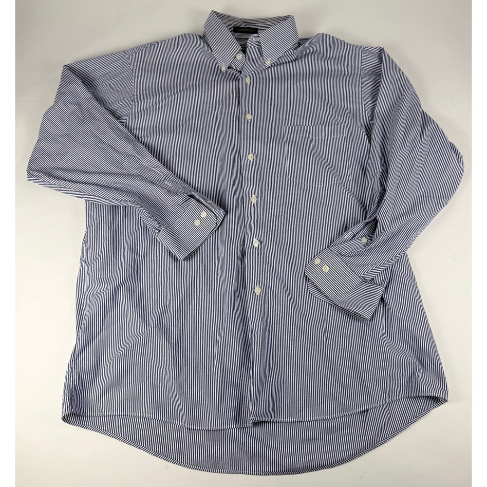 Arrow Mens Large Blue White Striped Wrinkle Free Button Down Shirt Cotton Blend